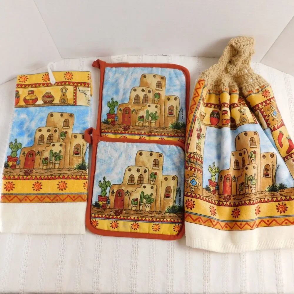 Kay Dee Kitchen Towel Set Southwest Pueblo Design Multicolor Cotton Hot Pads 4pc